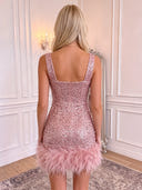 Mermaid Sequin Mini Homecoming Dress with Feather Dusty Pink Square Neck