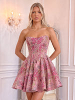 Floral Jacquard Mini Homecoming Dress A Line Sweetheart Strapless