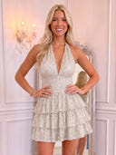 V Neck Tiered A Line Mini Homecoming Dress Silver Sequin Halter