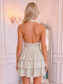 V Neck Tiered A Line Mini Homecoming Dress Silver Sequin Halter