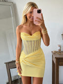 Sparkly Satin Mini Homecoming Dress with Rhinestone Yellow Strapless Sweetheart