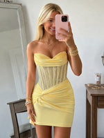 Sparkly Satin Mini Homecoming Dress with Rhinestone Yellow Strapless Sweetheart