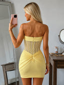Sparkly Satin Mini Homecoming Dress with Rhinestone Yellow Strapless Sweetheart