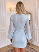 Beaded Sequin Bodycon Mini Homecoming Dress Light Blue Deep V‑Neck Lantern Sleeves