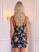Floral Sequin Mermaid Mini Homecoming Dress Black Spaghetti Strap V‑Neck
