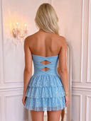 Sequin A Line Mini Homecoming Dress Light Blue Tiered Ruffled Cutout Strapless