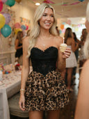 Lace Leopard Print A Line Homecoming Dresses Black Strapless Tiered Ruffle