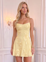 3D Floral Applique A Line Mini Homecoming Dress Sweetheart Neck Yellow Spaghetti Strap