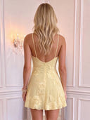 3D Floral Applique A Line Mini Homecoming Dress Sweetheart Neck Yellow Spaghetti Strap