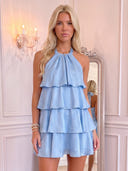 Tiered Mini Homecoming Dress Light Blue Chiffon Ruffled Halter
