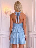 Tiered Mini Homecoming Dress Light Blue Chiffon Ruffled Halter