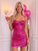 Mermaid Sequin Mini Homecoming Dress Spaghetti Strap Hot Pink