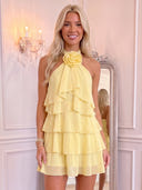 Tiered Mini Homecoming Dress Yellow Chiffon Ruffled Halter with Flower