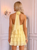 Tiered Mini Homecoming Dress Yellow Chiffon Ruffled Halter with Flower
