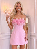 A Line Satin Mini Homecoming Dress with 3D Flower Feather Light Pink
