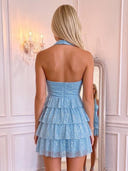 A Line Sequin Mini Homecoming Dress Ruffled Tiered Cutout Halter Light Blue
