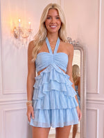A Line Tiered Mini Homecoming Dress Light Blue Chiffon Ruffled Cutout Halter