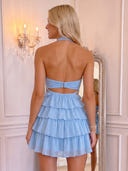 A Line Tiered Mini Homecoming Dress Light Blue Chiffon Ruffled Cutout Halter