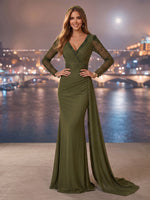 Satin Ruched V Neck Long Evening Dresses with Bead