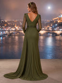 Satin Ruched V Neck Long Evening Dresses with Bead