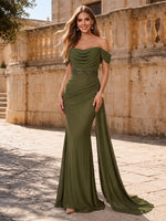 Chiffon Ruched Off Shoulder Long Evening Dresses with Bead