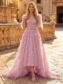 3D Floral Tulle Puff Sleeve High Low Evening Dresses
