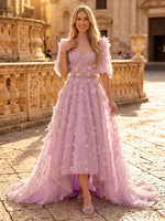 3D Floral Tulle Puff Sleeve High Low Evening Dresses