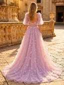 3D Floral Tulle Puff Sleeve High Low Evening Dresses