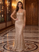 Sequin Mermaid Square Neck Spaghetti Straps Long Evening Dresses