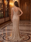 Sequin Mermaid Square Neck Spaghetti Straps Long Evening Dresses