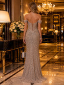 Sequin Ruched Off Shoulder Long Evening Dresses with Slit