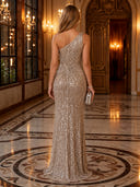 Sequin Ruched One Shoulder Long Evening Dresses with Slit