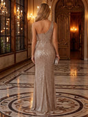 Sequin Ruched One Shoulder Long Evening Dresses with Slit