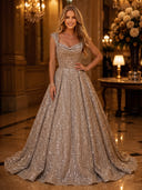 Sequin Cowl Neck A Line Long Evening Dresses