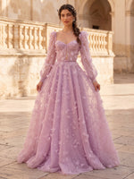 3D Floral Tulle Long Sleeves Evening Dresses