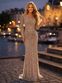 Sequin Ruched Square Neck Long Evening Dresses with Sleeves