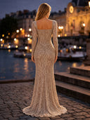 Sequin Ruched Square Neck Long Evening Dresses with Sleeves
