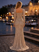 Sequin Ruched Square Neck Long Evening Dresses with Sleeves