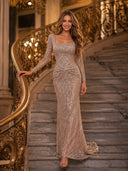 Sequin Ruched Square Neck Long Evening Dresses with Sleeves
