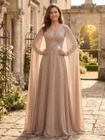 Chiffon V Neck Beaded Long Evening Dresses with Cape Sleeves