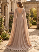 Chiffon V Neck Beaded Long Evening Dresses with Cape Sleeves