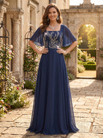 Chiffon Square Neck Beaded Long Evening Dresses with Flutter Sleeves