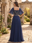 Chiffon Square Neck Beaded Long Evening Dresses with Flutter Sleeves