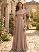 Chiffon Off the Shoulder A Line Beaded Long Evening Dresses