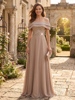 Chiffon Off the Shoulder A Line Beaded Long Evening Dresses