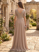 Chiffon V Neck Beaded Short Sleeves Long Evening Dresses