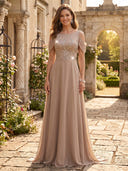 Chiffon Round Neck Beaded Cold Shoulder Long Evening Dresses