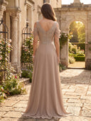 Chiffon Round Neck Beaded Cold Shoulder Long Evening Dresses