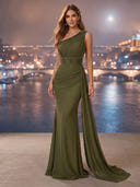 Chiffon Ruched One Shoulder Long Evening Dresses