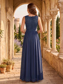 A Line Round Neck Sleeveless Long Mother of the Bride Dresses with Belt